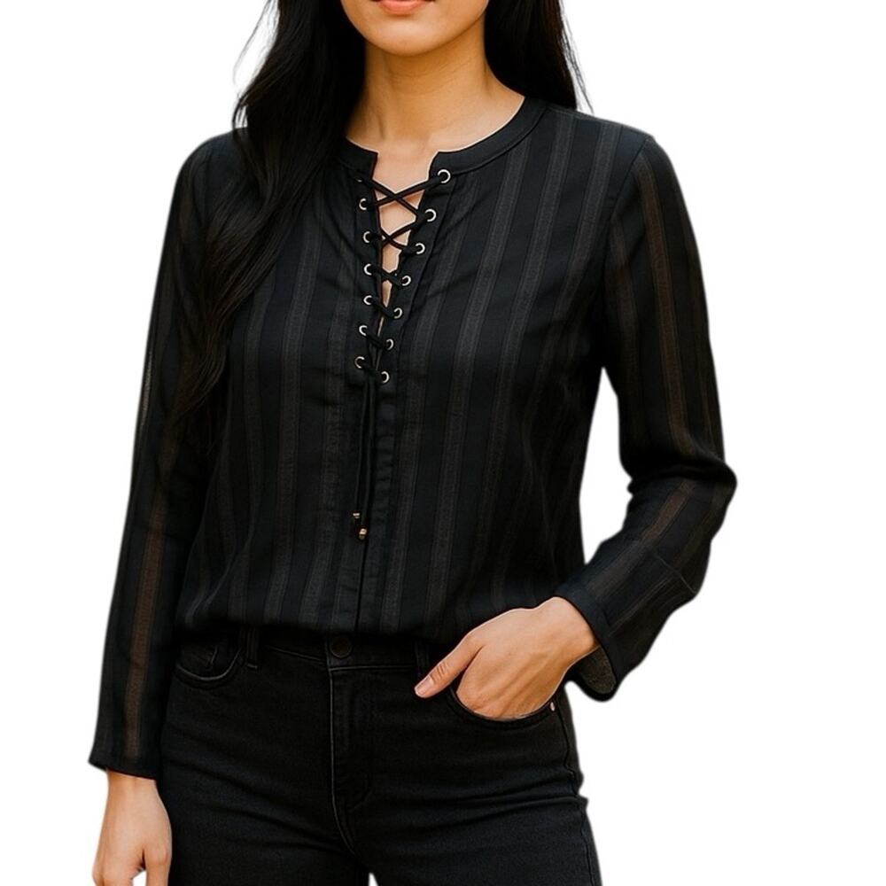 J.O.A. Black Metallic Shimmer Corset Blouse XS NWT Sheer Sleeve Top
